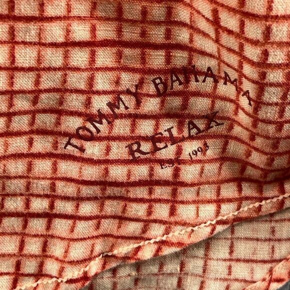 Tommy Bahama 100% Linen MensLarge Orange/White Gingham Plaid Shirt - Picture 7 of 16